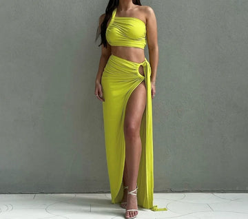 Sexy Sleeveless Solid Color Slim Fit Strapless Tank Top + Split Skirt Set For Women