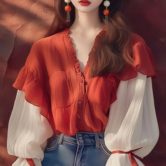 Chiffon Vintage Women's Shirts Patchwork Women Shirts Loose Long Sleeves Blouse