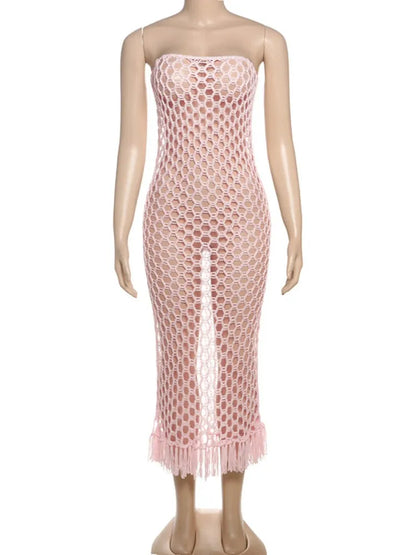 Women Beach Wear 2 Piece Set Sexy Knit Strapless Tassel Hem Dress+Bodysuit Vacation Wear