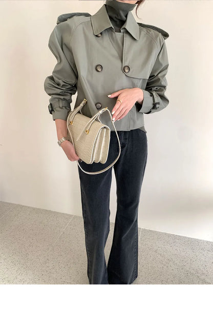 Vintage Double Breasted Crop Jacket Trench Jackets Women Loose Chic Windbreaker