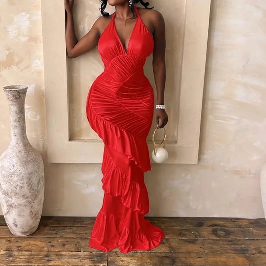 Women White Dress Mermaid Dress Ruffle Tiered Hem Satin Maxi Cocktail Dress