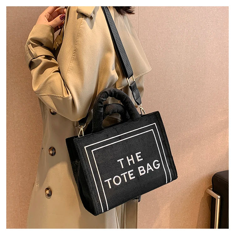 Women's Khaki Velour Tote Bag Original Letter Print Shopper Handbag