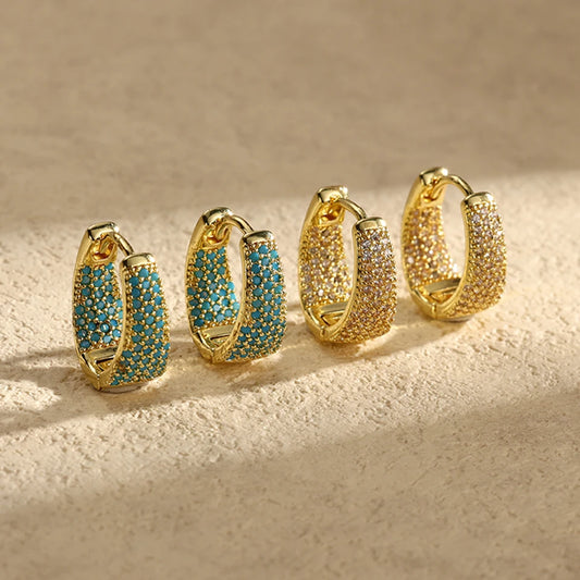Cubic Zirconia U Shaped Flower Turquoise Design Hoop Earrings For Women