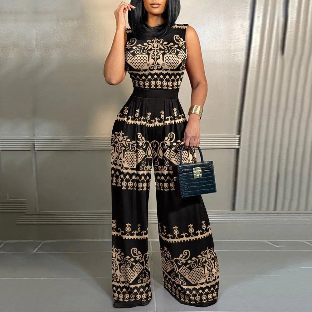 Elegant Women Stand Neck Wide Leg Rompers Casual Waist Jumpsuits Streetwear