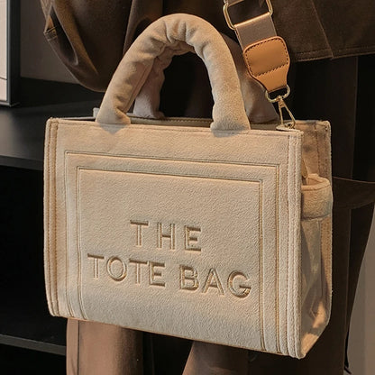 Women's Khaki Velour Tote Bag Original Letter Print Shopper Handbag