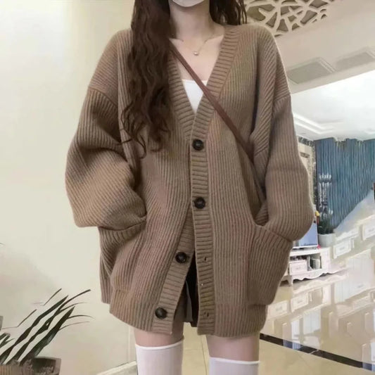 Women Cardigan Long Sleeve V-neck Loose Knitted Sweater Cardigan