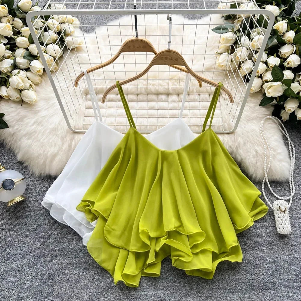 Summer Tops Spaghetti Straps Ruffle Sleeveless Tanks and Crop Tops Solid Tank Camisoles Women Y2k