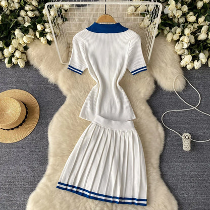 Mini Skirt Set Women Two Piece Sets Polo Collar Knit Shirt Tops Skirt Sets Casual Y2k
