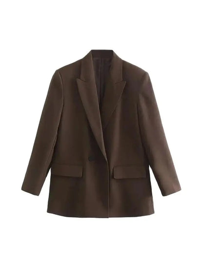 Women Double Breasted Loose Fitting Blazer Coat Vintage Long Sleeve Pockets Female Outerwear Blazer