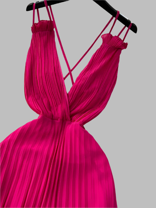 Summer Dress Sexy A Line Dress Deep V Neck Sling Cross Ruffles Backless Pleated Solid Women Long Dress