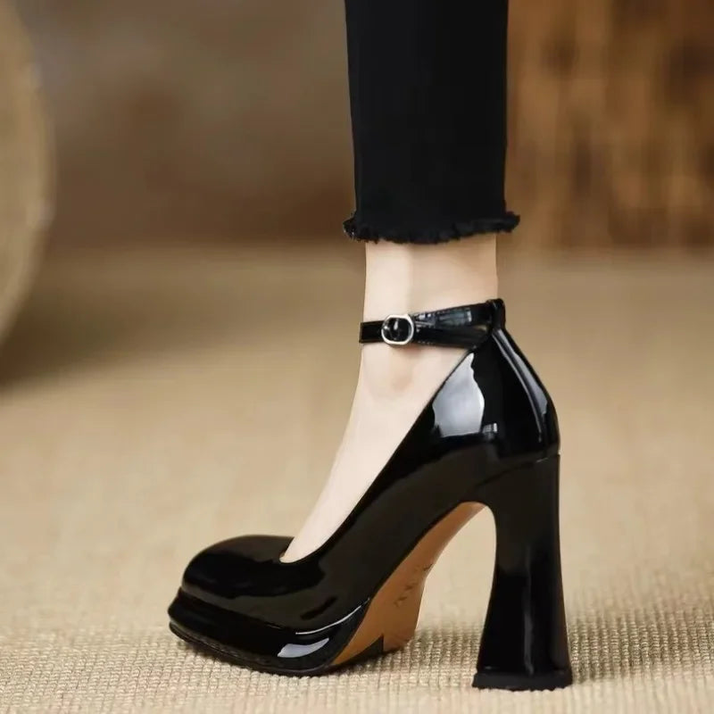 Thick Bottom High Heels for Women Solid Ankle Buckle Elegant Heeled Shoes