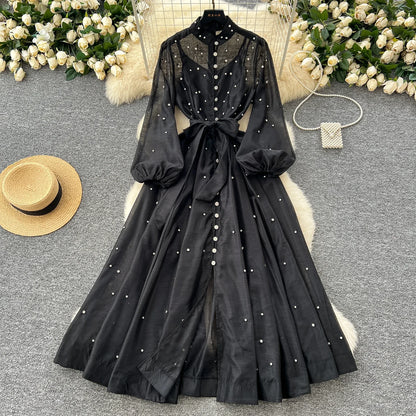 Elegant Lantern Sleeves Vintage Stand Collar Chic Single Breasted Rhinestone Bandage Slim High Street Long Dresses