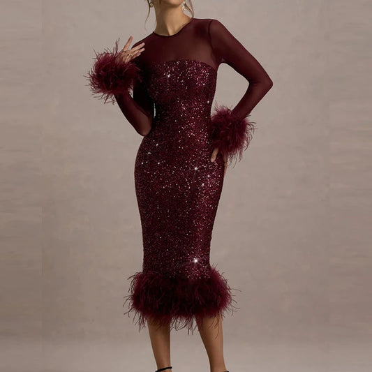 Casual O Neck Mesh Long Sleeve Party Midi Dress Feather Patchwork Slim A-line Sequin Cocktail Dress