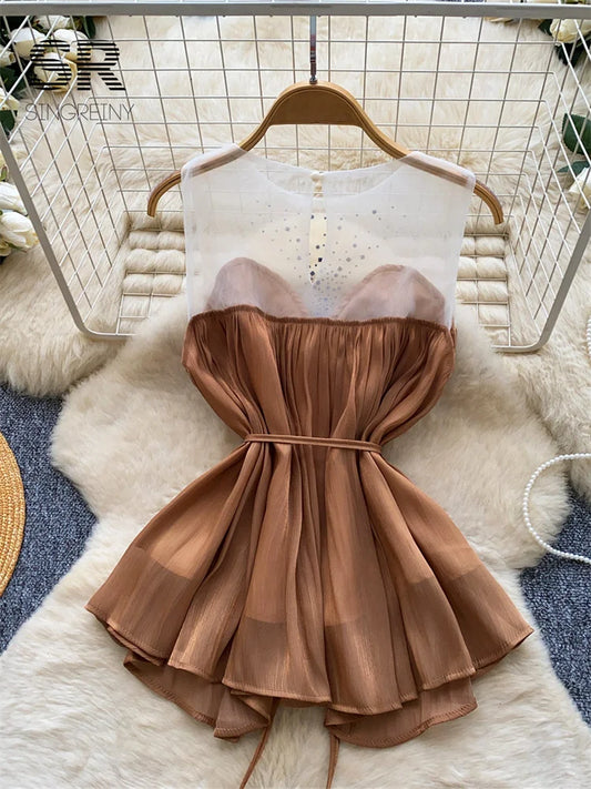 Ladies Blouse High Quality Chic Sleeveless Lace Up Mesh Chiffon Blouse