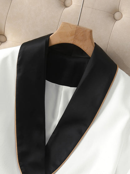 Elegant Asymmetrical White Blazer with Black Contrast Lapels