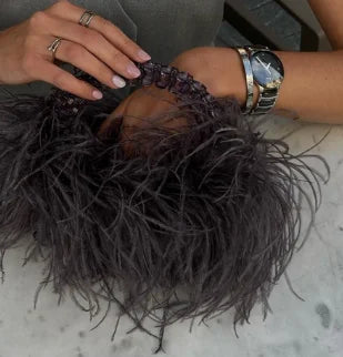 Pearl Bead Bag With Feather Fur Designer Brand Clear Acrylic Crystal Handbag Handmade