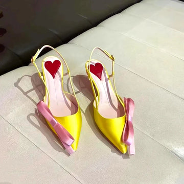 Yellow Pointed Toe Bowknot Satin Cat Heel Sandals Woman Buckle Strap Mini Heel Shoes