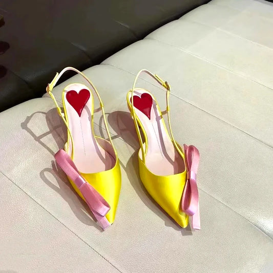 Yellow Pointed Toe Bowknot Satin Cat Heel Sandals Woman Buckle Strap Mini Heel Shoes