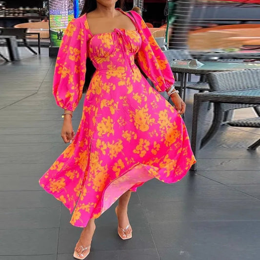 Women High Waist Full Sleeve Long Maxi Dress Summer Floral Printed Cute Dress