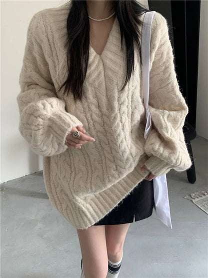 Harajuku Women Sweater Cute Oversized Knitted Pullover V Neck Sweater