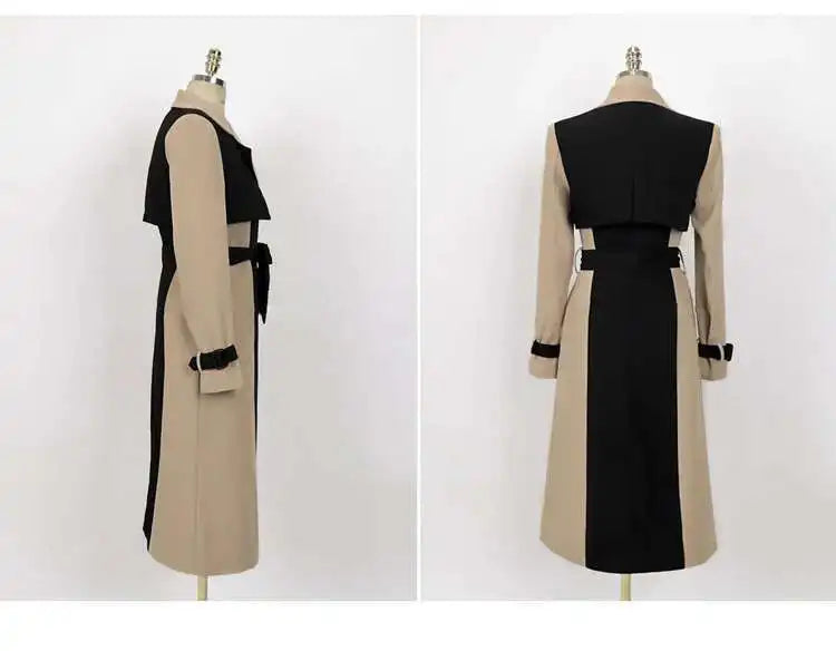 Contrast Full Sleeve Buttons Belted Women Long Trench Coats