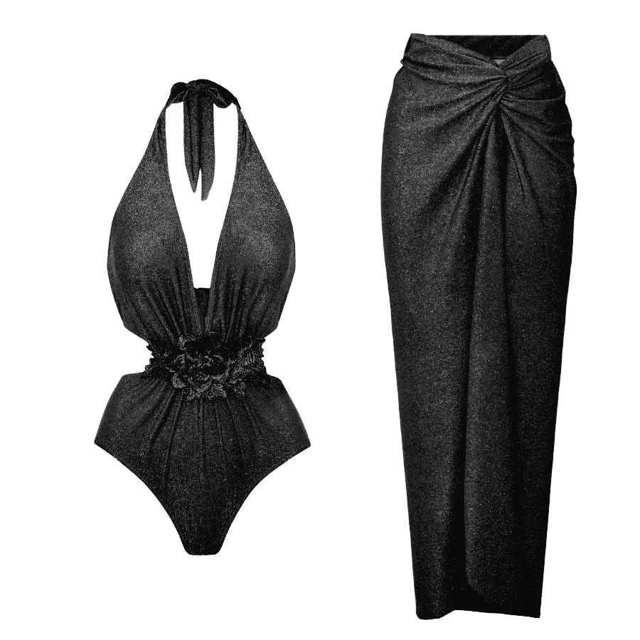 Swimwear Women With Skirt Bathing Suit Summer New Ruffle Splice Print Beachwear Bikini Cover Ups