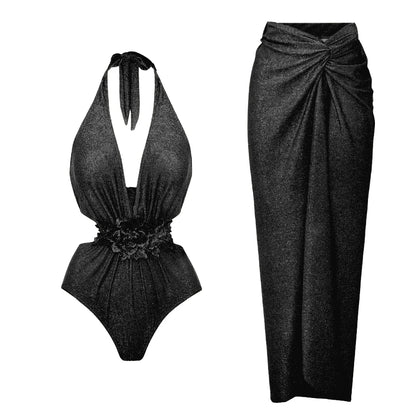 Swimwear Women With Skirt Bathing Suit Summer New Ruffle Splice Print Beachwear Bikini Cover Ups