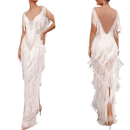 Wedding Guest Dress Deep V Neck Tassels Dress Evening Prom Gown