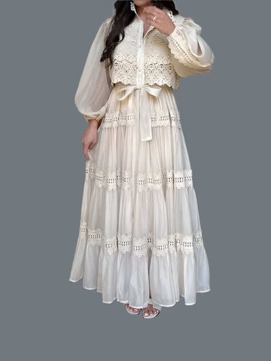 Long Sleeve Hollow Out Floral Dress Women Elegant Lapel Lantern Sleeves Maxi Dresses