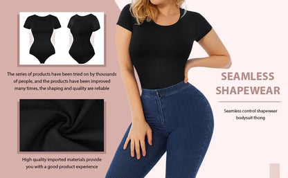 Women Bodysuit Shapewear Seamless Short Sleeve Thong Tummy Control Sculpting Body Shaper