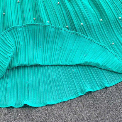Summer Luxury Pearls Long Chiffon Dress For Women Loose Big Size Short Sleeve Crystal Birthday Evening Midi Pleated Dresses