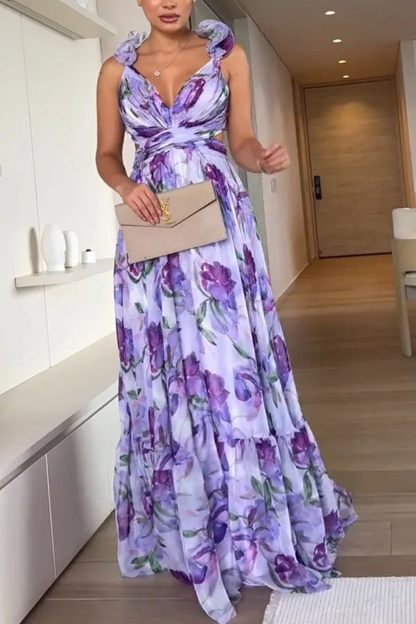 Women Chiffon Ruffle Edge Printing Maxi Dress V Neck Pleated High Waist Ankle Length Dress
