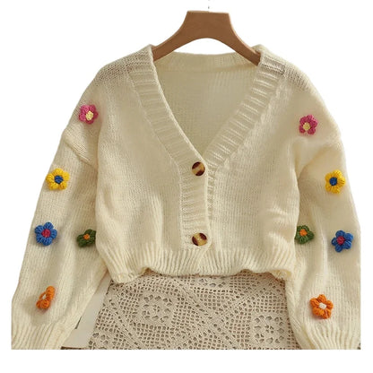 Colorful Flower Cardigan for Women Cute Long Sleeve V-neck Knit Crop Sweater