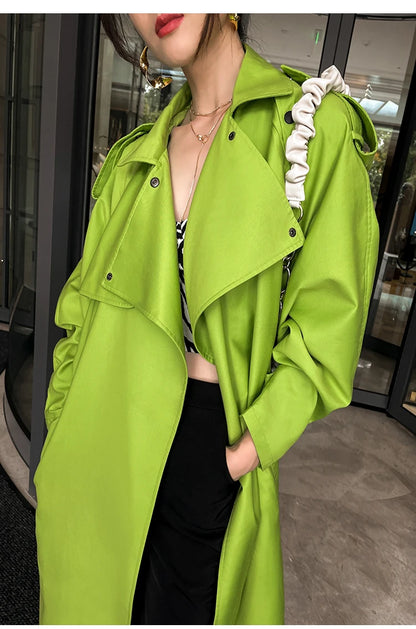 Luxury Long Oversized Bright Green Faux Leather Trench Coat for Women