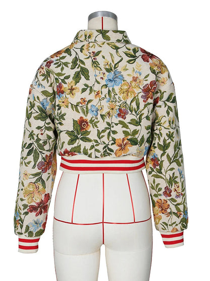 Flower Print Coat Crop Tops Women Lapel Long Sleeve Button Baseball Jacket