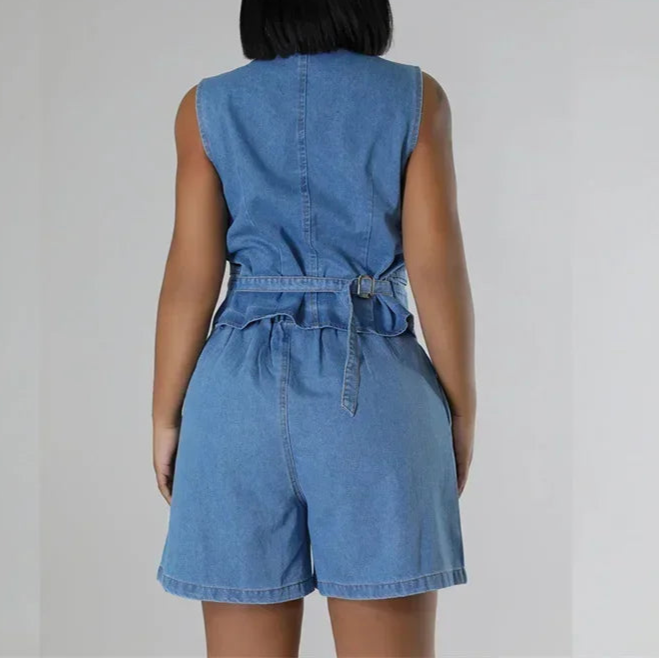 Summer V Neck Sleeveless Waistcoats Women Two Piece Sets Straight Denim Shorts Female Suits