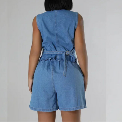 Summer V Neck Sleeveless Waistcoats Women Two Piece Sets Straight Denim Shorts Female Suits