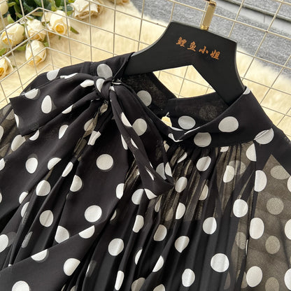Women Elegant Long Flare Sleeves Vintage Bow neck Bow Loose Midi Dress
