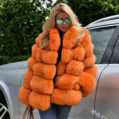 Women Faux Fox Fur Coats Turn Down Collar Thick Warm Elegant Jackets Streetwear