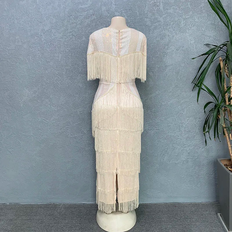 Women Sexy Fringed Embellished Bodycon Celebrity Evening Dress