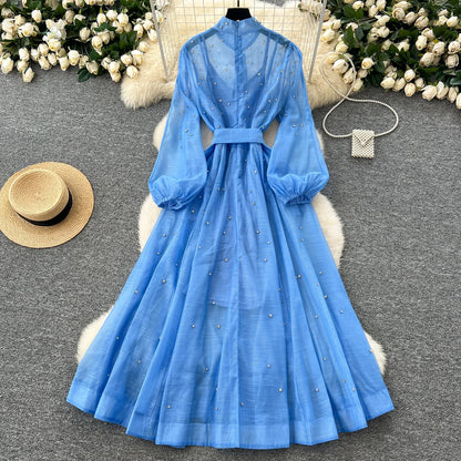 Elegant Lantern Sleeves Vintage Stand Collar Chic Single Breasted Rhinestone Bandage Slim High Street Long Dresses