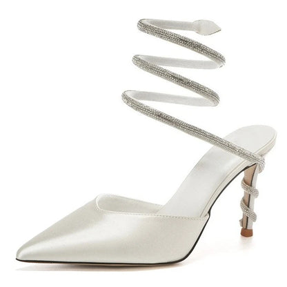 Women's Sexy Snake-Strap Rhinestone Suede Pointed High-heeled Wedding Shoes