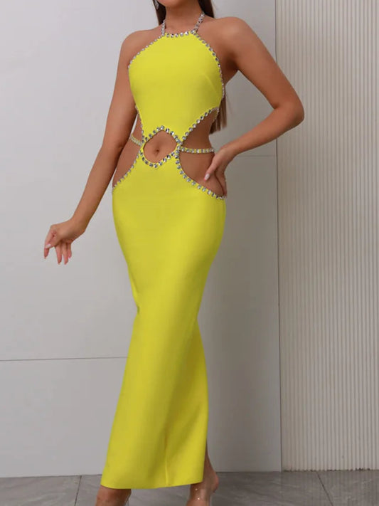 Sexy Backless Halter Beading Maxi Long Lemon Bandage Dress Cocktail Dress