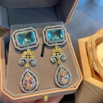 Green square earrings exaggerate cubic zirconia earrings