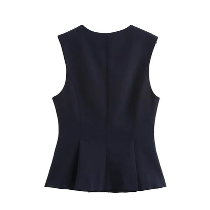 Women Solid Zipper Vintage Causal Sleeveless O Neck Tank Blouse Slim Pleated Vest Blouse High Street Folds Top