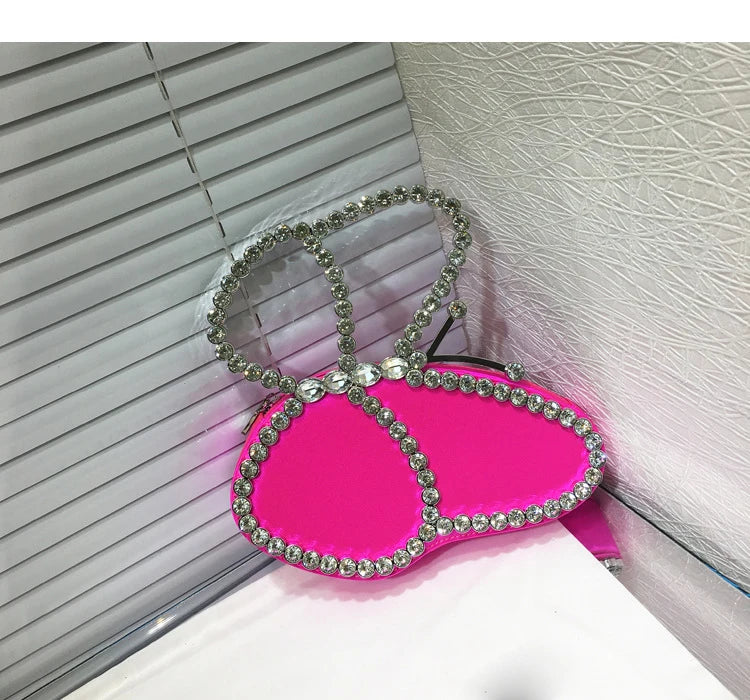 White Rhinestone Pink Butterfly Wedding Evening Clutches Party Prom Purse