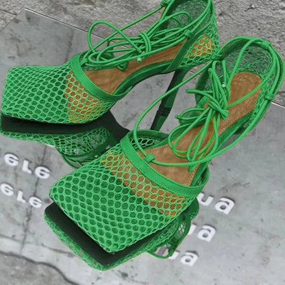 Sexy Mesh Pumps Sandals Female Square Toe High Heel Lace Up Cross-Tied Dress Shoes