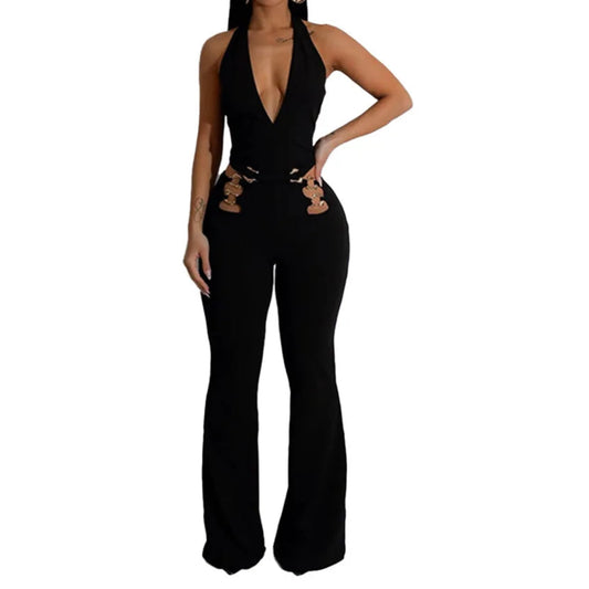 Women V-Neck Backless Straight Sleeveless Flare Jumpsuits One Piece Outfits
