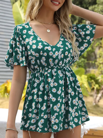 Plus size summer women's new floral V-neck waist-cinching top