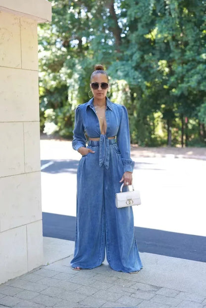 Denim Crop Top Tie Knot Shirt Cardigan + Wide Leg Loose Outfit Pants